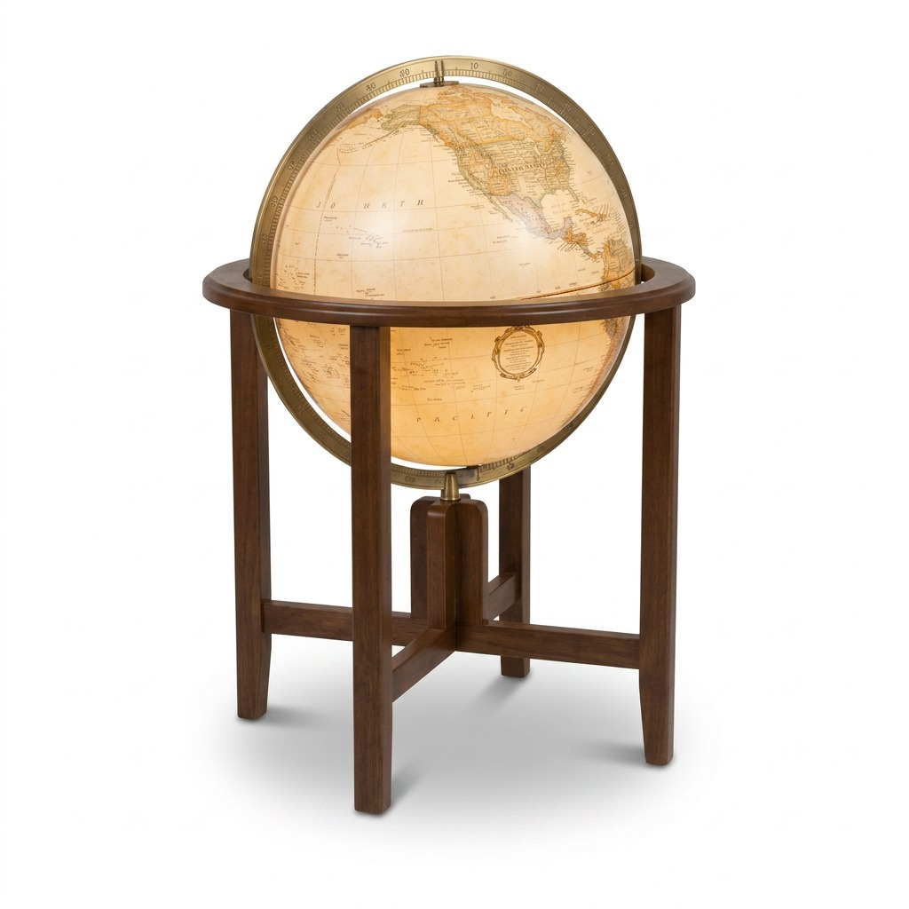Centered, well-lit photograph of the Replogle Naples illuminated antique-finish desktop globe on its dark wood four-legged stand, set against a pure white background.
