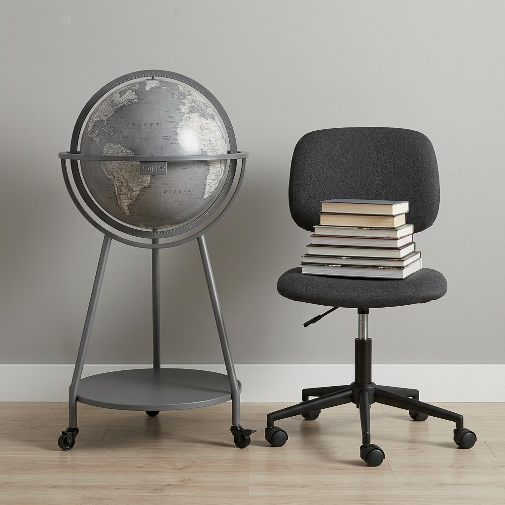 The large gray bar globe stands next to a standard charcoal desk chair for size reference.