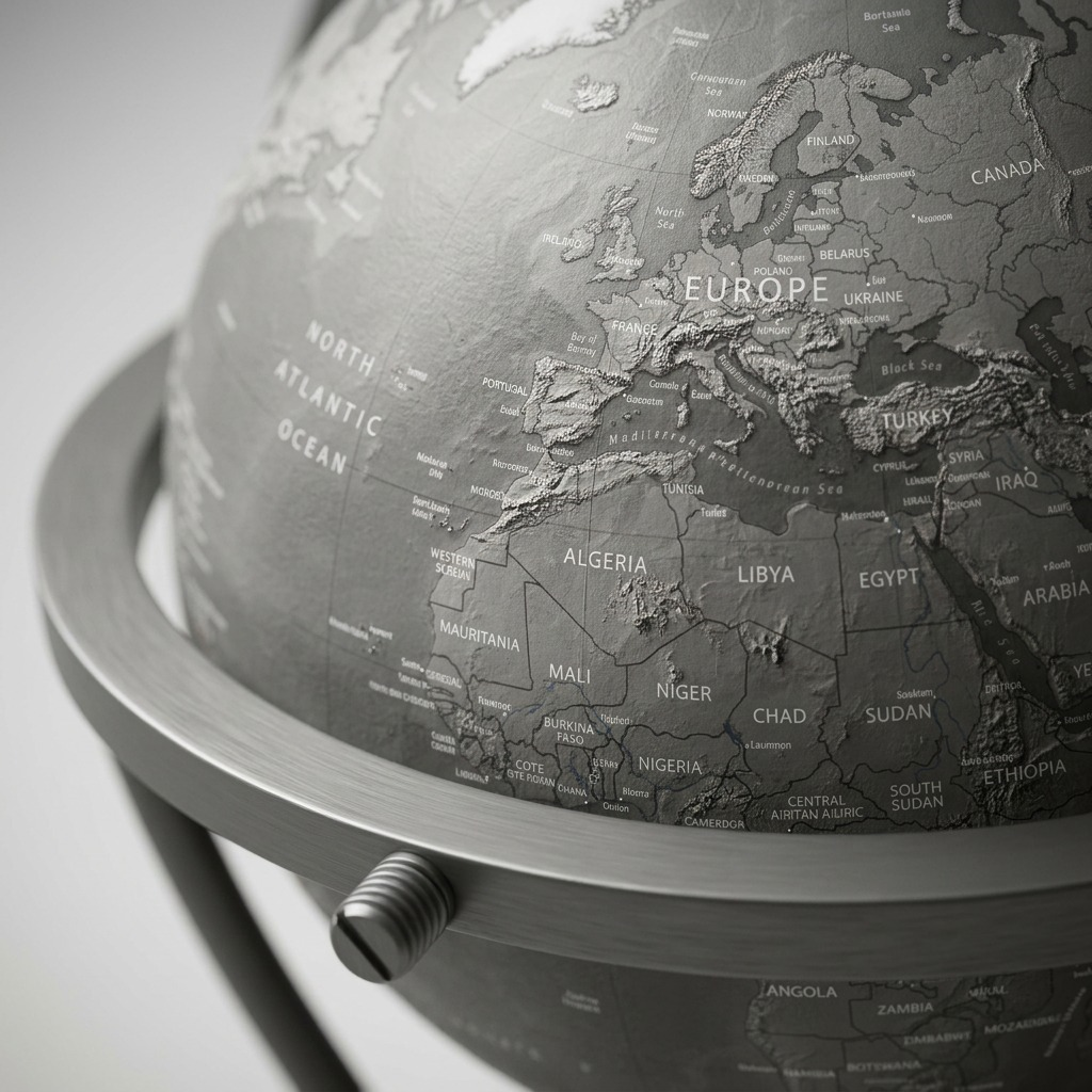 Extreme macro view of the textured grey terrain on the Replogle Empire Bar Globe with cartographic names.