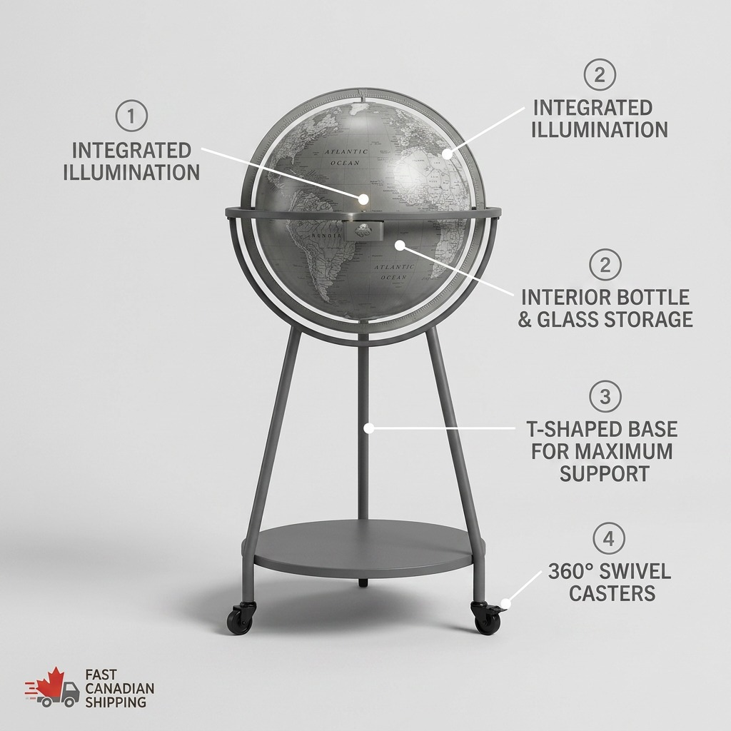 Feature callout graphic of the Empire Bar Globe highlighting storage, illumination, and mobility.