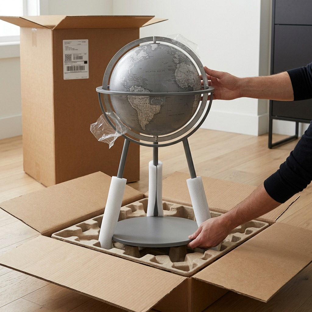 A premium, realistic scene showing a person unboxing the securely packed gray bar globe on a table.