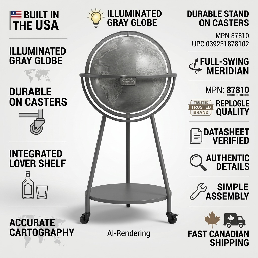 "PDP infographic for Replogle Empire Bar Globe (87810), with icons highlighting product quality, materials, and shipping."