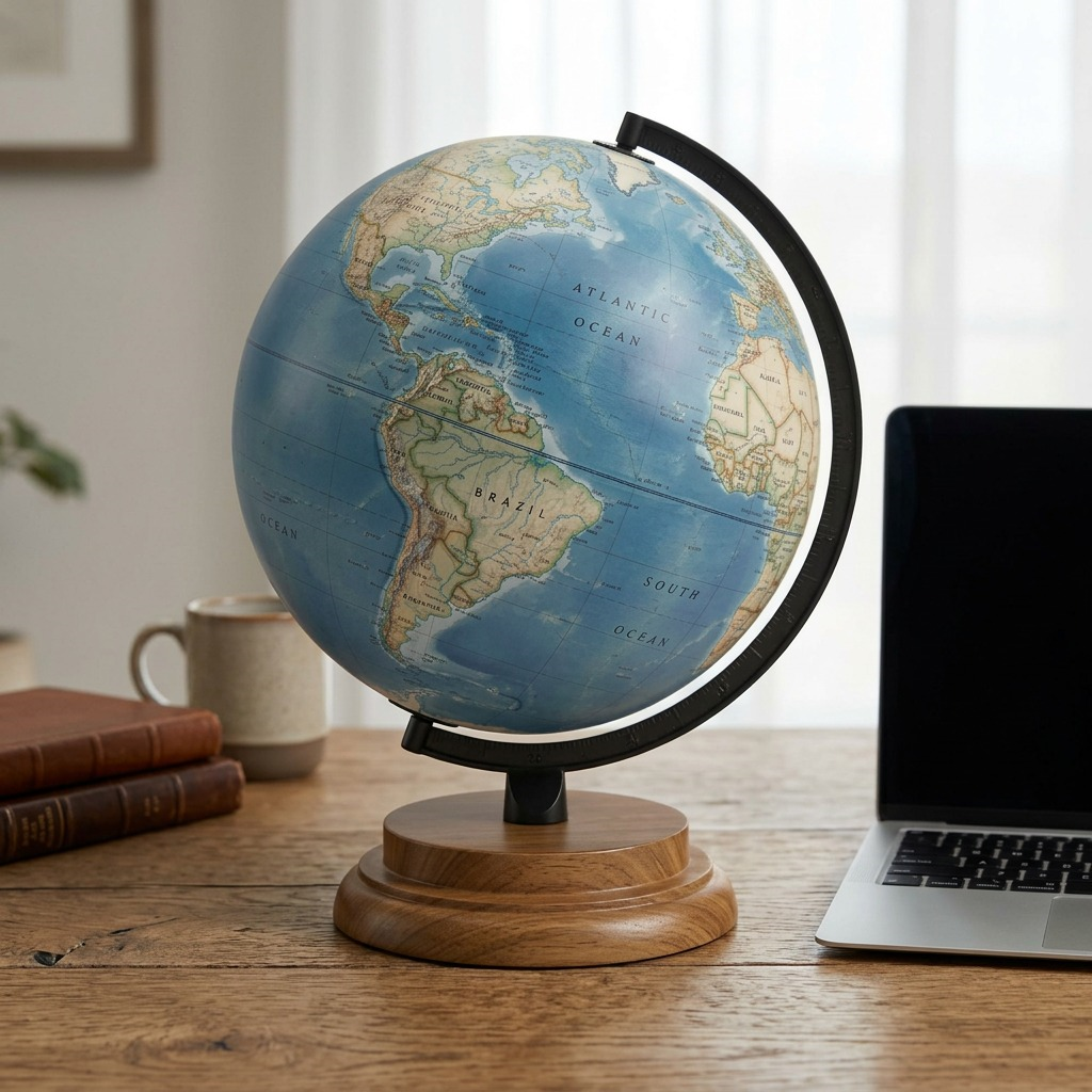 Replogle Northampton Blue globe shown at accurate scale on a desk next to a laptop.