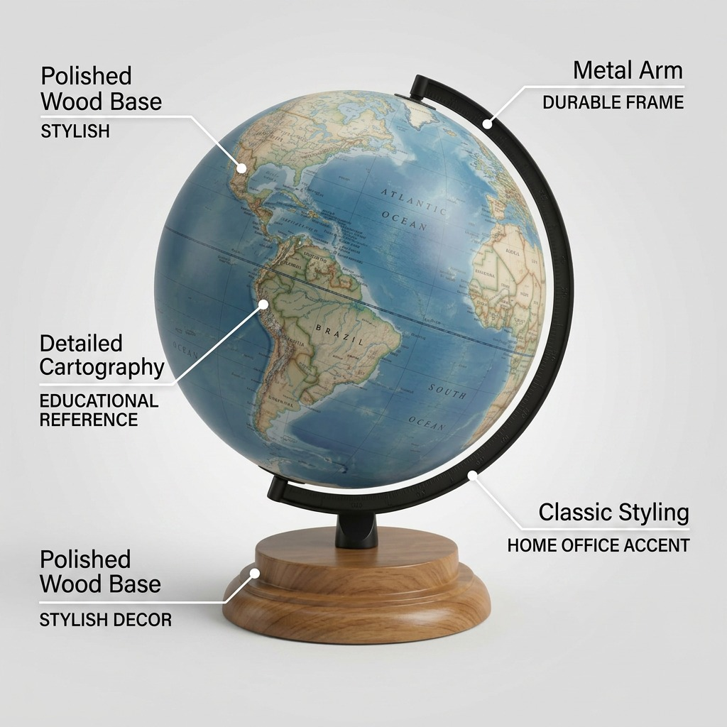 A clean product photo of the Replogle Northampton Blue globe with short callouts for map detail and the wooden base.
