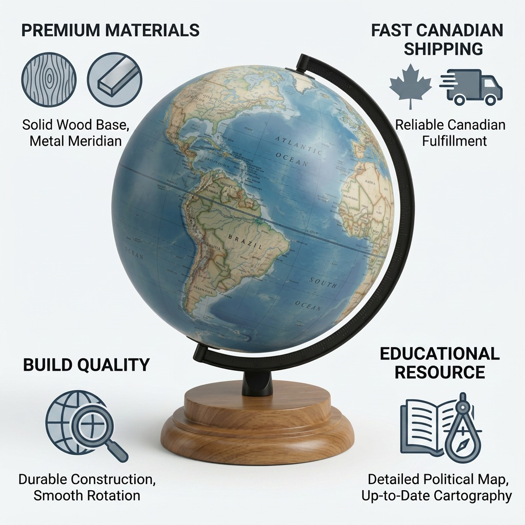 An infographic with trusted Replogle Globe product facts, icons, and Canadian shipping details.