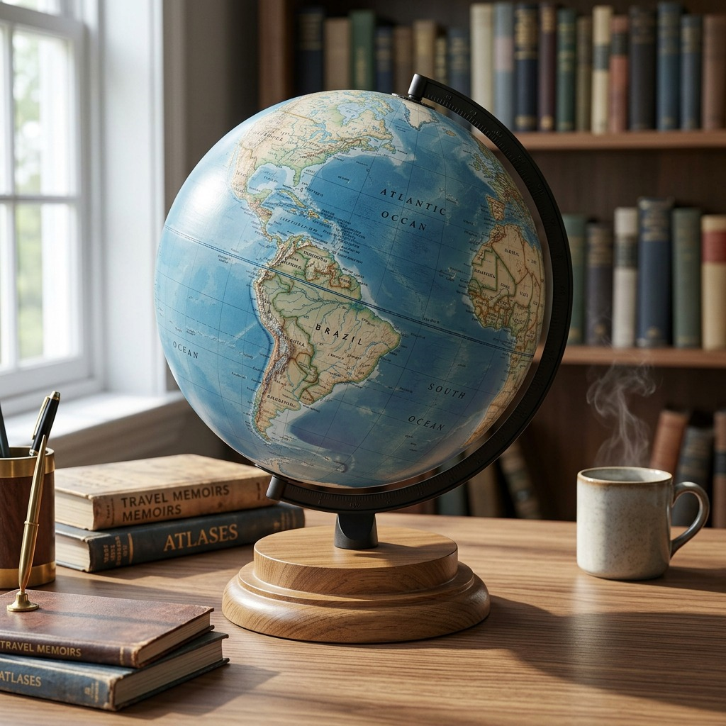 Alt Text: Lifestyle close-up of a Replogle Northampton globe on a wooden desk with a stack of travel books.