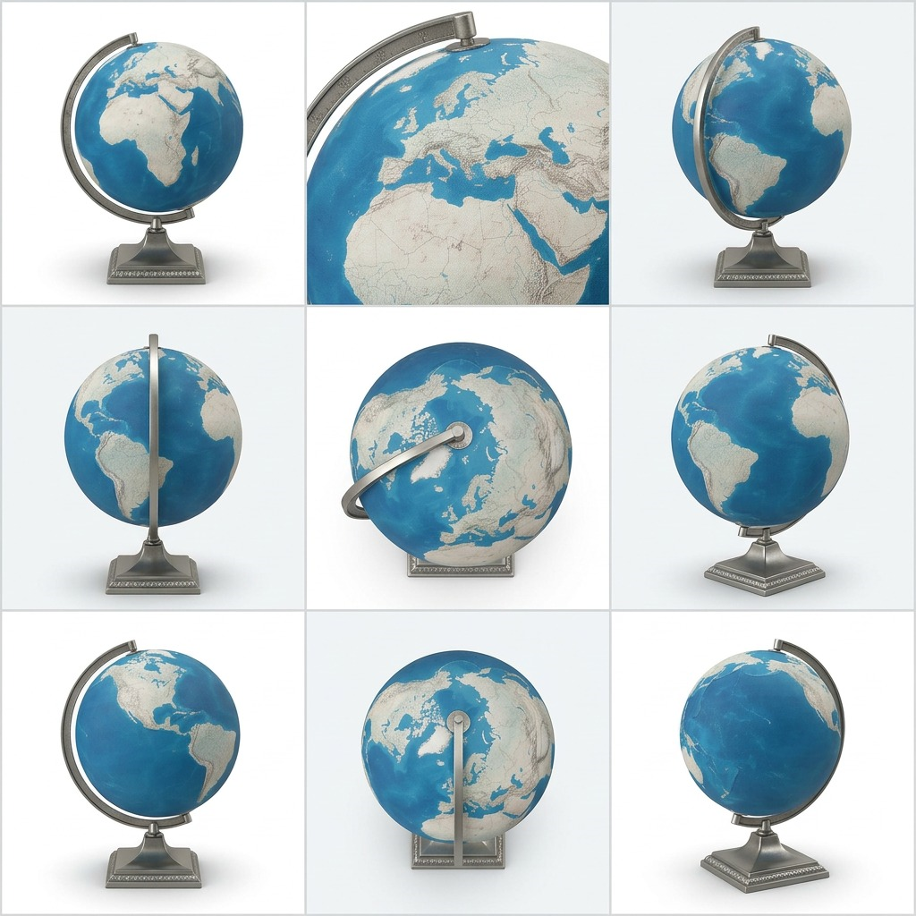 A premium 3x2 matrix displaying the Replogle ZURICH-CANVAS GLOBE from six distinct angles.