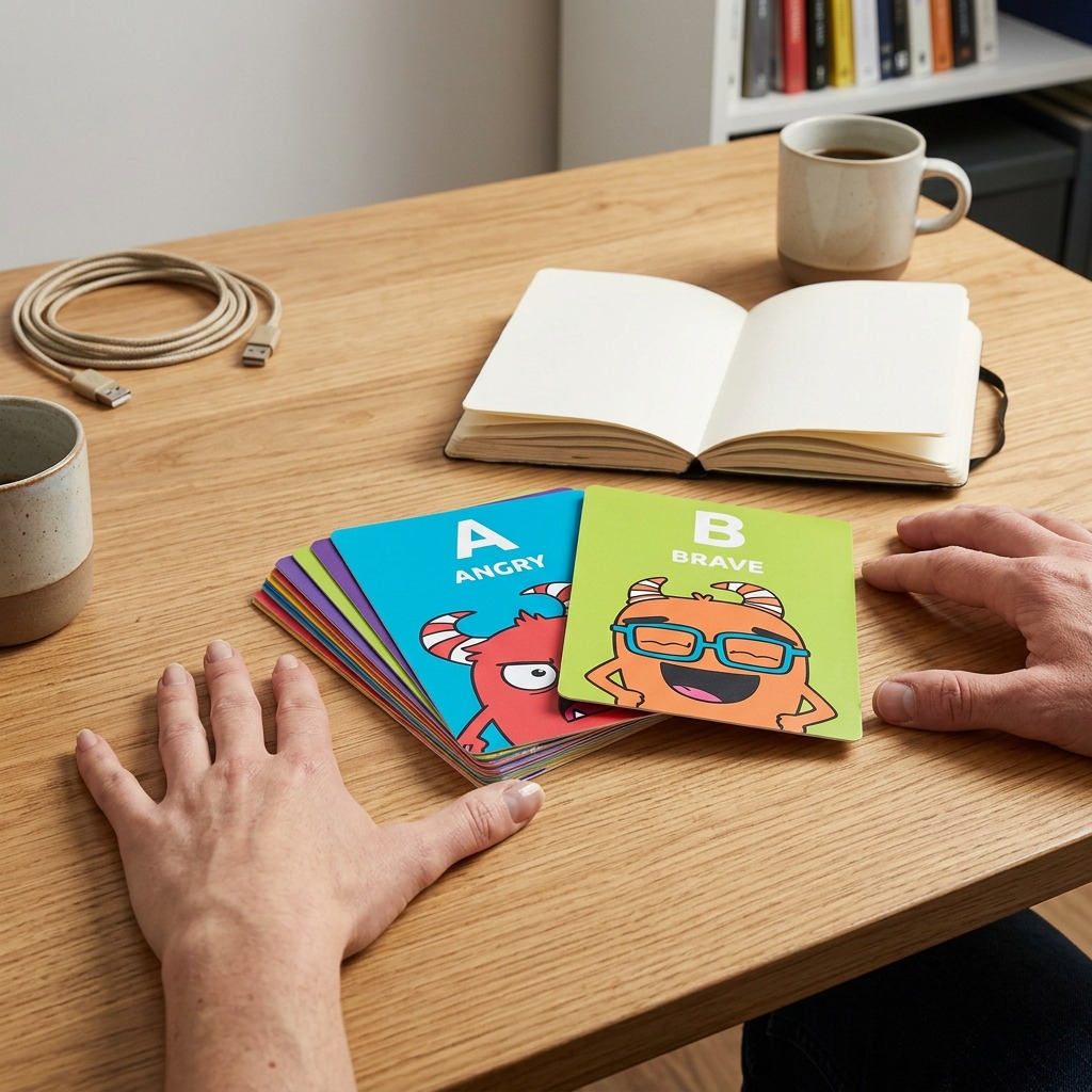 An eye-level photograph shows the fdmt Jumbo ABC Emotion Cards next to a realistic human hand, a standard notebook, and a coffee mug on a desk, illustrating their large scale compared to standard playing cards. The cards feature a high-quality matte finish.
