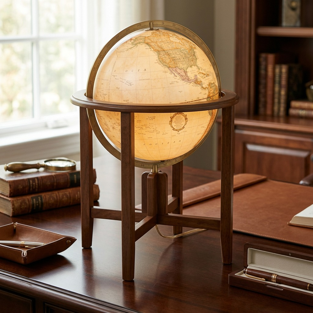 A lifestyle photo of the Replogle Naples illuminated globe on an antique wooden desk in a cozy study, glowing warmly.
