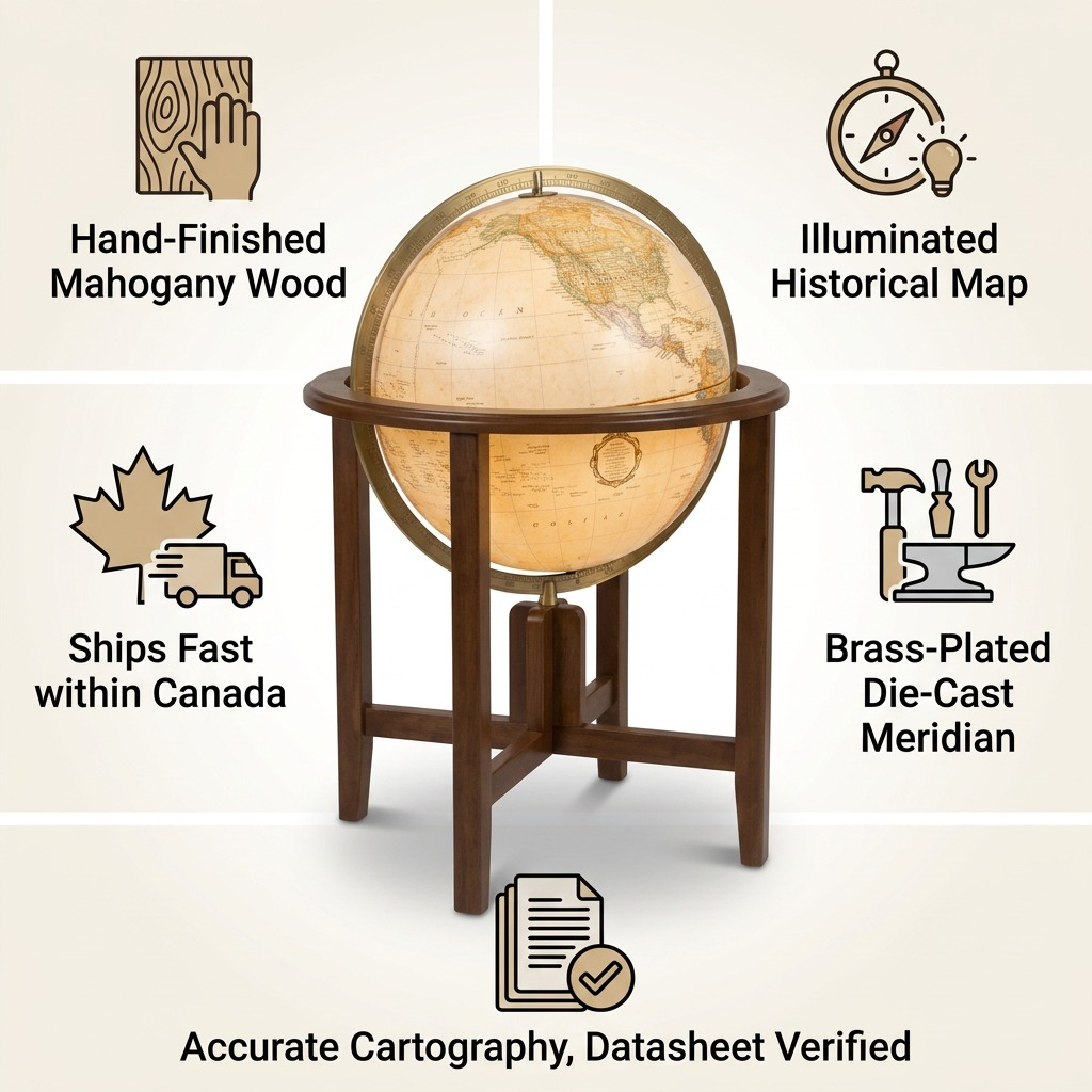 Infographic matrix showing a Replogle Naples illuminated antique globe with icons highlighting material quality, craftsmanship, fast Canadian shipping, and product support.