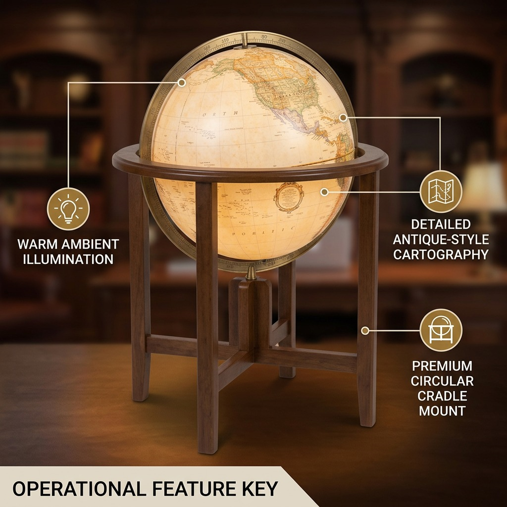 A diagram illustrating illuminated cartography and cradle mount features for the Naples globe.