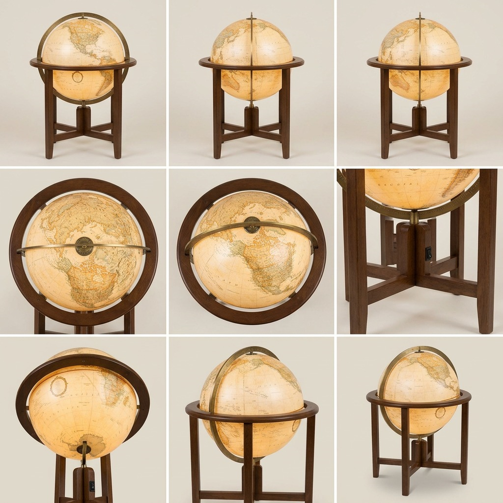 A matrix of nine views of the illuminated globe from different angles.