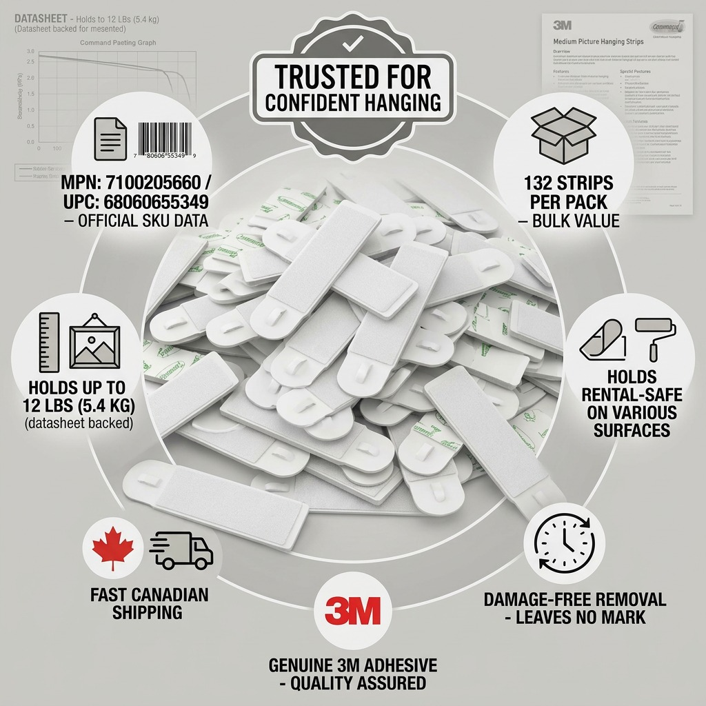 Trust and authority infographic matrix with central Command Medium Strips pile (132 strips), showing factual icons, weight limit, safe removal, SKU, and fast Canadian shipping.
