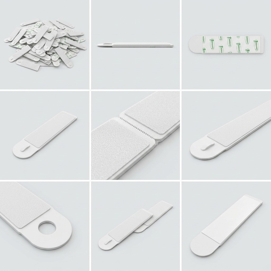 A matrix of nine clean studio product shots from various angles of the white Command Medium Picture Hanging Strips.