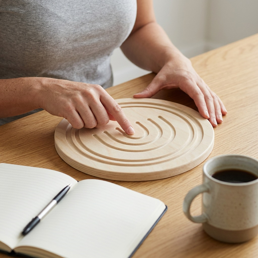 A person sits at a desk, with the large wooden Calming Breathing Boards resting next to a coffee mug. Their right hand is near the board, tracing a breathing pattern, naturally showing the product's true scale relative to everyday items. Direct neutral light, clear texture.