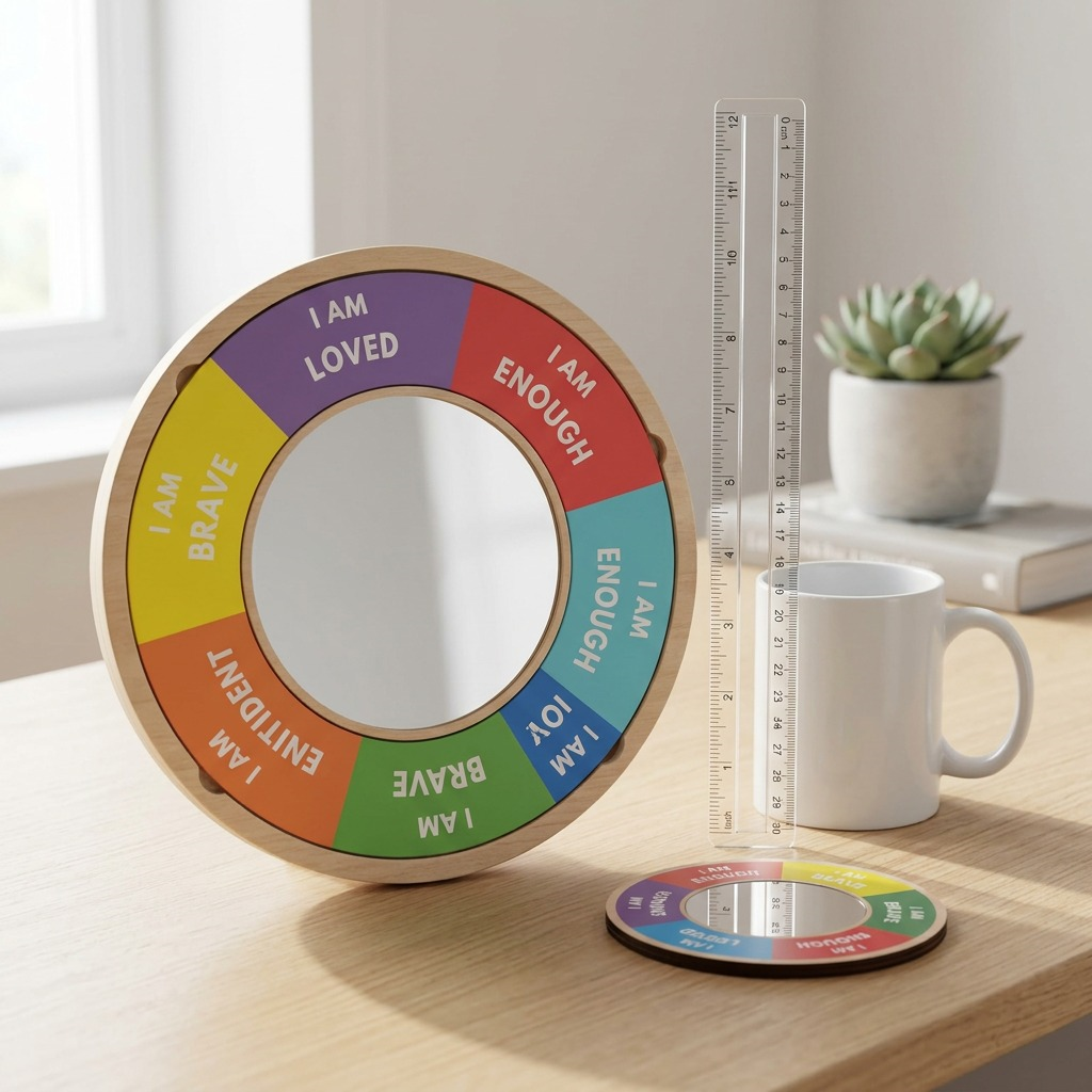 An out-of-package fdmt Confidence Building Mirror with wood frame and affirmations, sitting next to a standard 12-inch ruler on a light wood desk, clearly showing the mirror's true size in a bright, clean-styled photo with soft lighting.