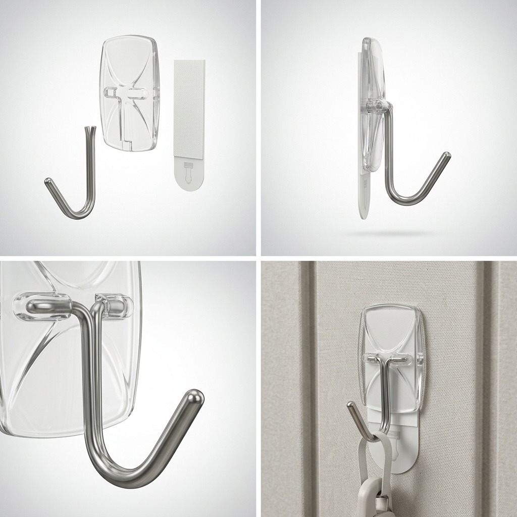 A matrix image of 3M Command Small Wire Hooks, displaying the clear hook from multiple angles (front, back, side, profile).