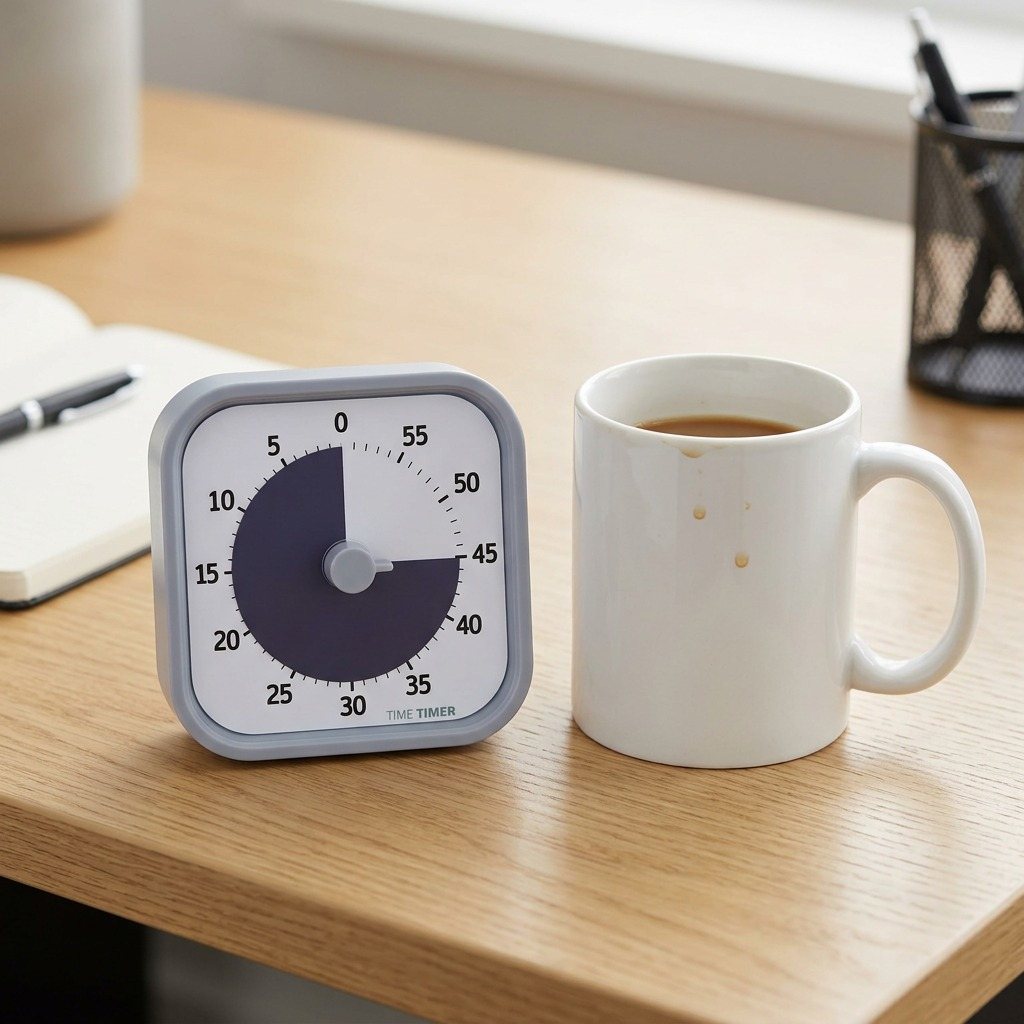 A realistic photograph showing the pale-grey visual timer from image_0.png next to a standard white ceramic coffee mug for scale on a desk.
