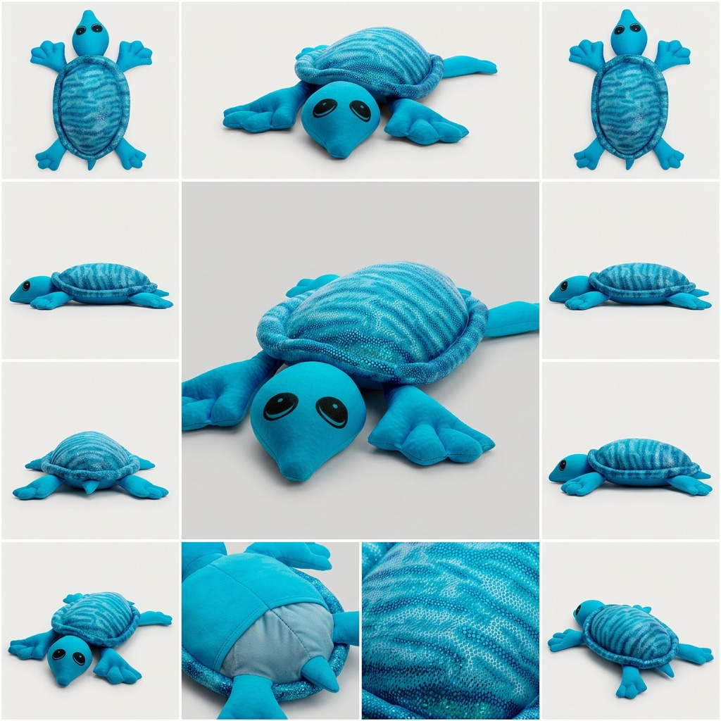 A premium 3x3 ecommerce grid matrix showcasing nine views of the blue manimo Weighted Turtle. The central large cell features a 3/4 front view. Other cells show top, bottom, side profile, rear, and close-up angles of the textured, sparkly shell and embroidered eyes, with realistic lighting from multiple. The background is subtle, light grey and off-white.