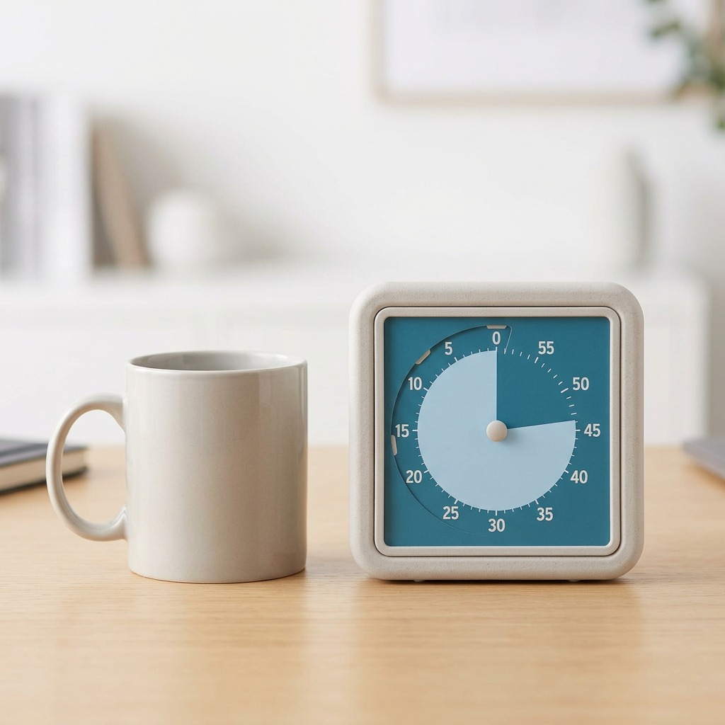 fdmt Time Timer Retro Eco shown next to a ceramic coffee mug for realistic scale reference on a desk.