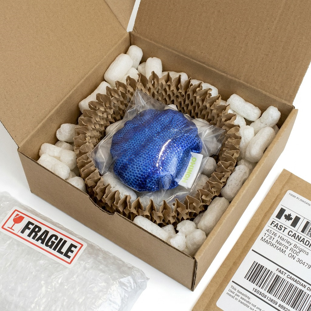 A hand carefully rests the Manimo Full Moon Ball inside a clear, protective poly bag.