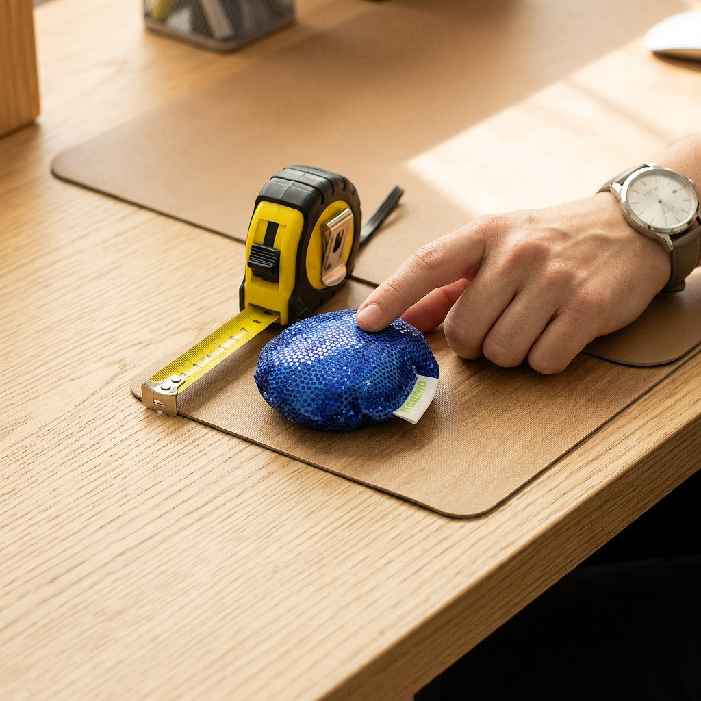 Fdmt manimo Full Moon Ball shown on desk next to tape measure and smartphone for scale.