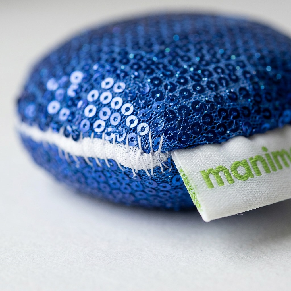 Macro close-up of fdmt manimo blue sequined Full Moon Ball fabric, stitching, and tag detail.