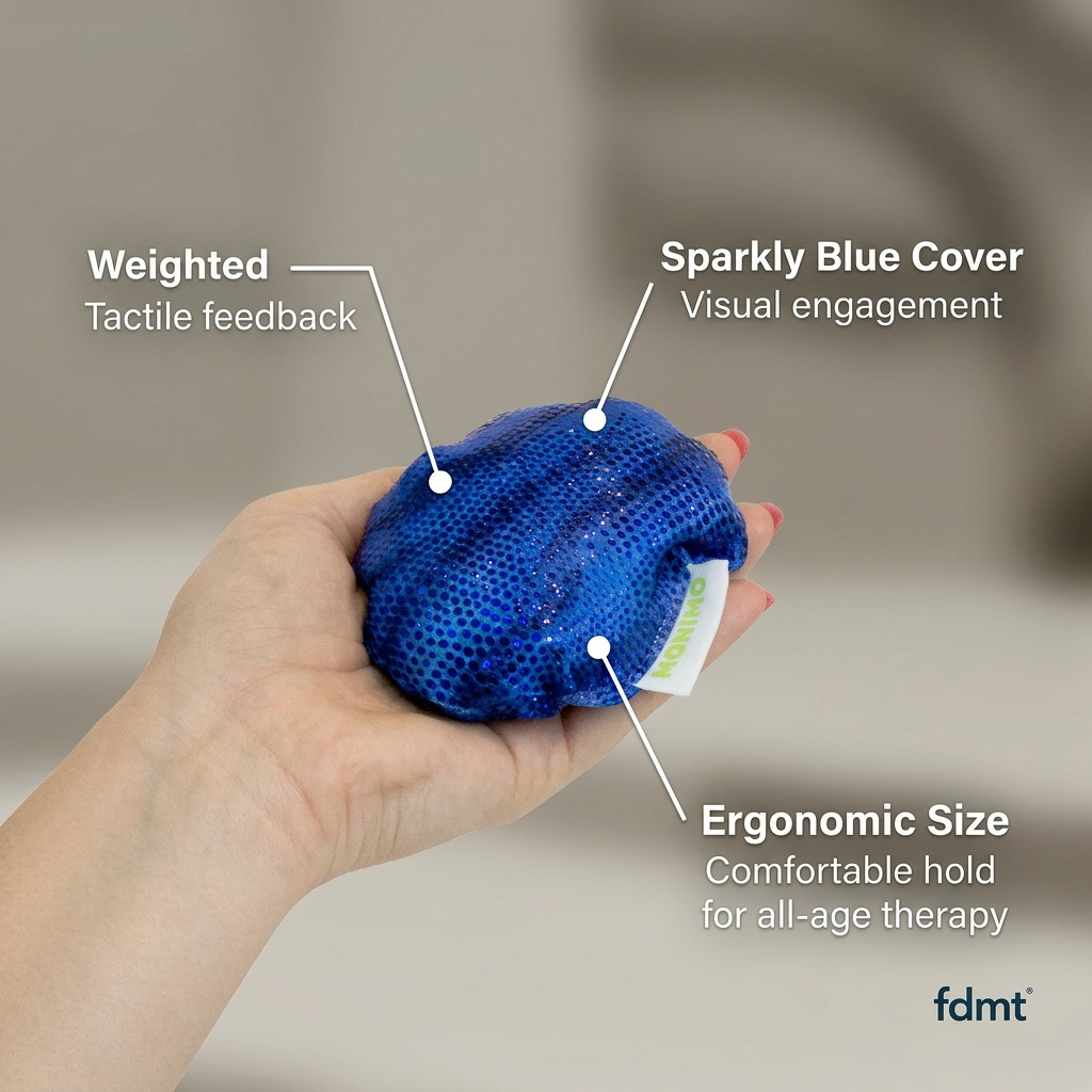 Feature graphic of the blue manimo weighted ball. Labels point to its sparkle fabric and weighted feel.