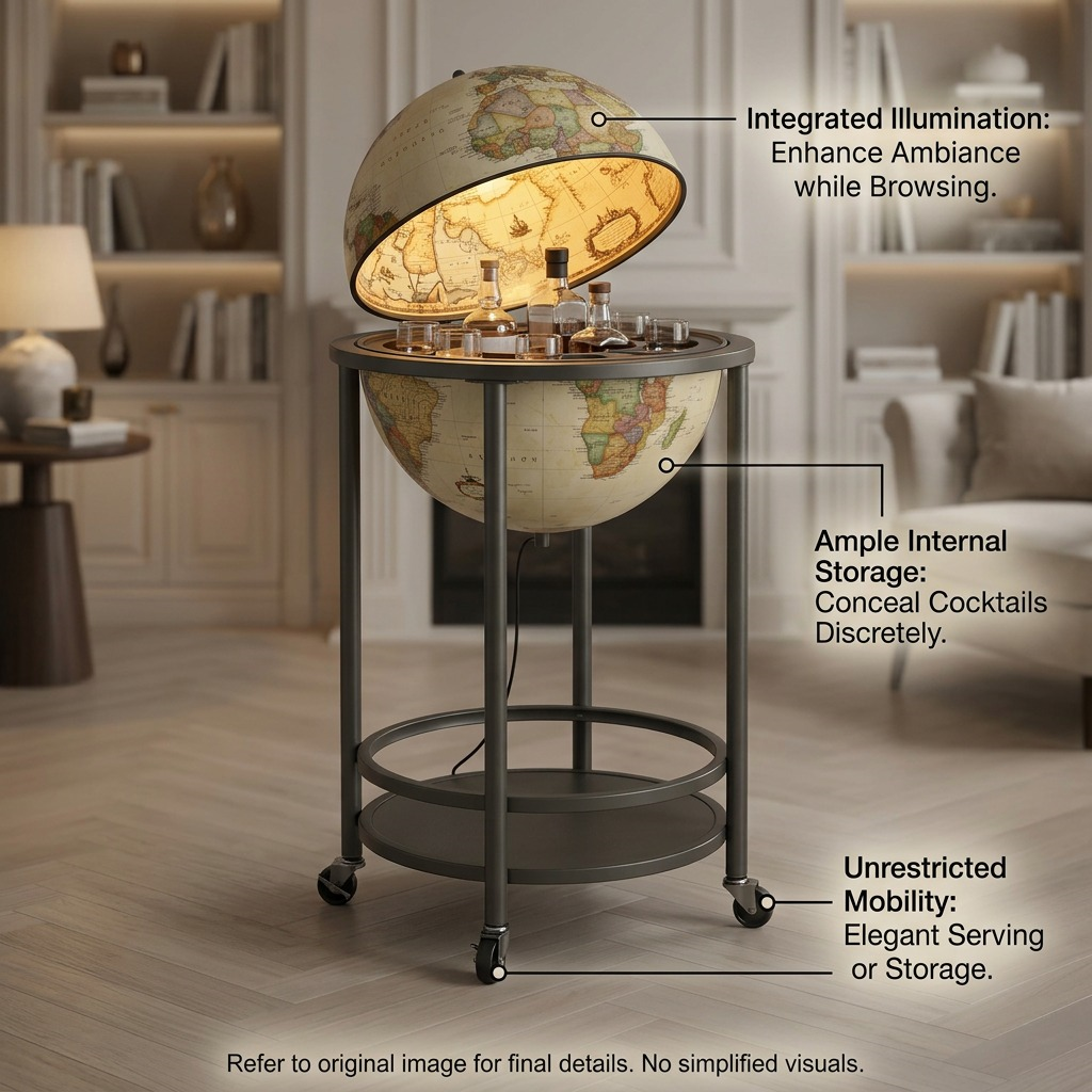 An illuminated globe bar on casters in a styled room, with callouts for its feature-benefits.