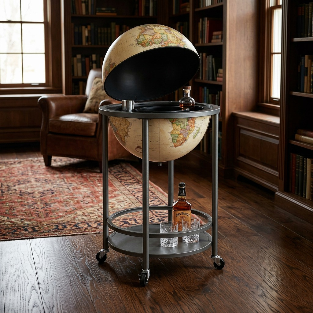 A realistic lifestyle photograph of the Replogle EMPIRE BAR GLOBE OPEN, on a wooden floor in a home library, holding actual barware, illuminated naturally.