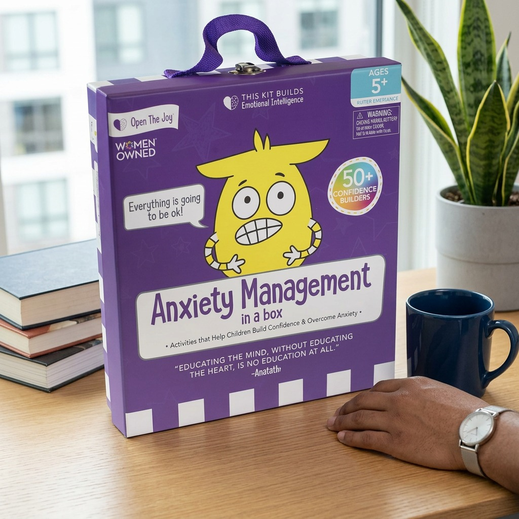A scale reference image of the Anxiety Management in a Box, next to a coffee mug on a desk.