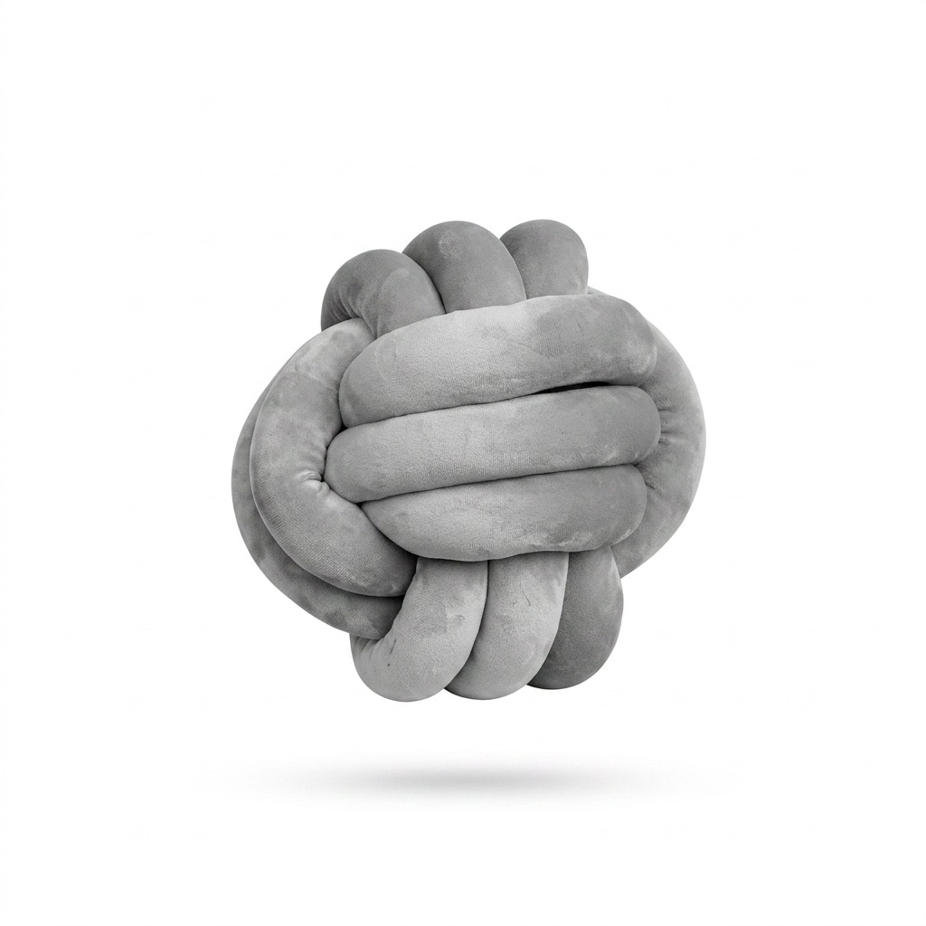 fdmt Cuddle Ball - Grey Birch: soft, knotted sensorial cushion against a seamless white background.