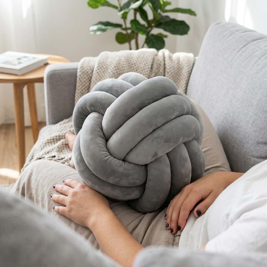 A person holding the fdmt Cuddle Ball - Grey Birch (model 4240000), a grey plush knot pillow, on a sofa in a living room with natural light. The ball's intricate knot design and soft velvet-like texture are visible. In the background are cushions, a blanket, and wooden furniture. (MPN 4240000, UPC 628045375008)