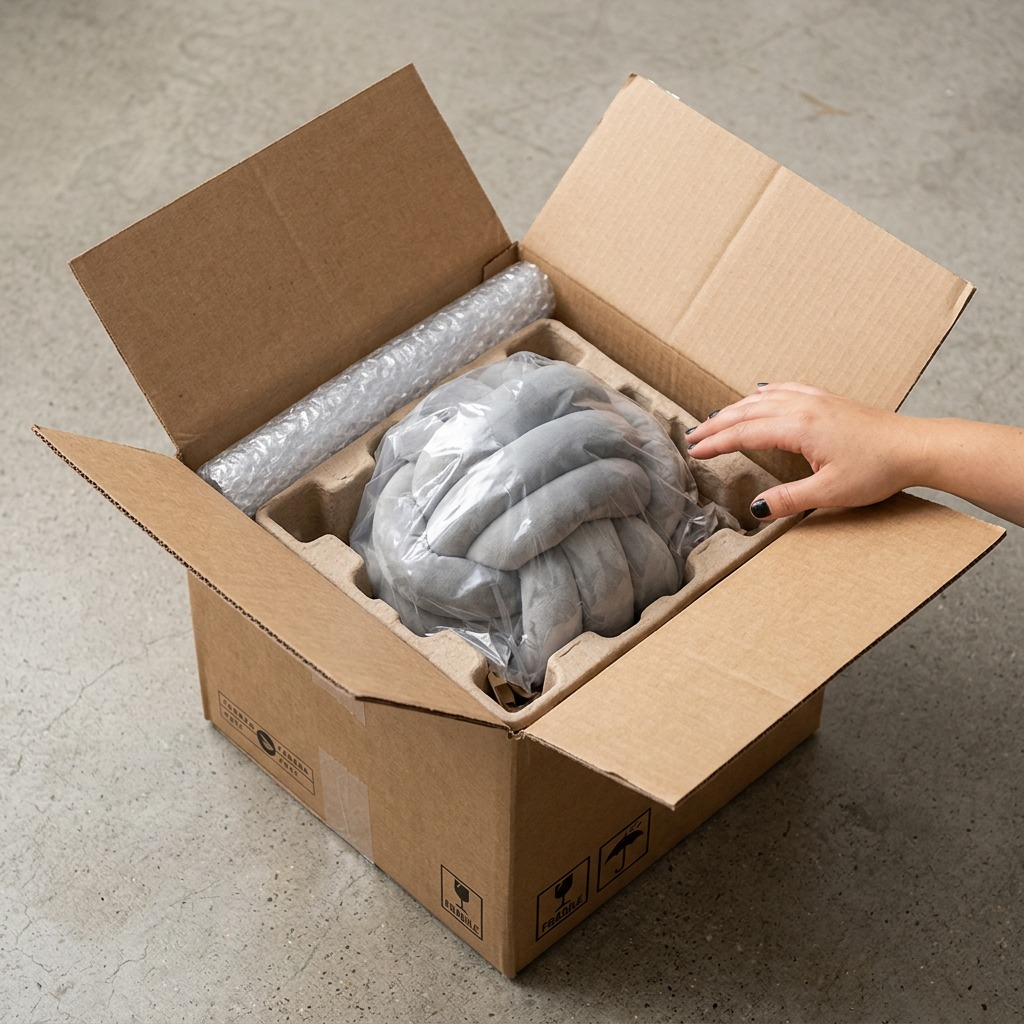 A premium unboxing scene showing the fdmt Cuddle Ball - Grey Birch, from image_0.png, resting in protective shipping materials within an open neutral cardboard box, with a roll of bubble wrap and a clear plastic bag off to the side, ready for Canadian shipping, against a clean, textured floor background.