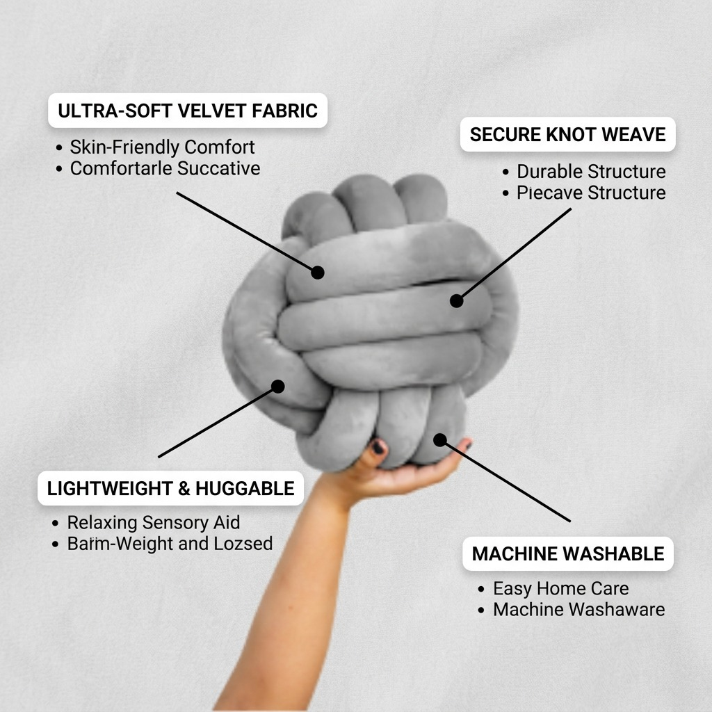 Operational feature callout image showing the grey birch cuddle ball, held similarly to the reference, with labels and lines pointing to the soft velvet loop fabric, its secure weave, light weight, and machine-washability, explaining the comfort and practical benefits.