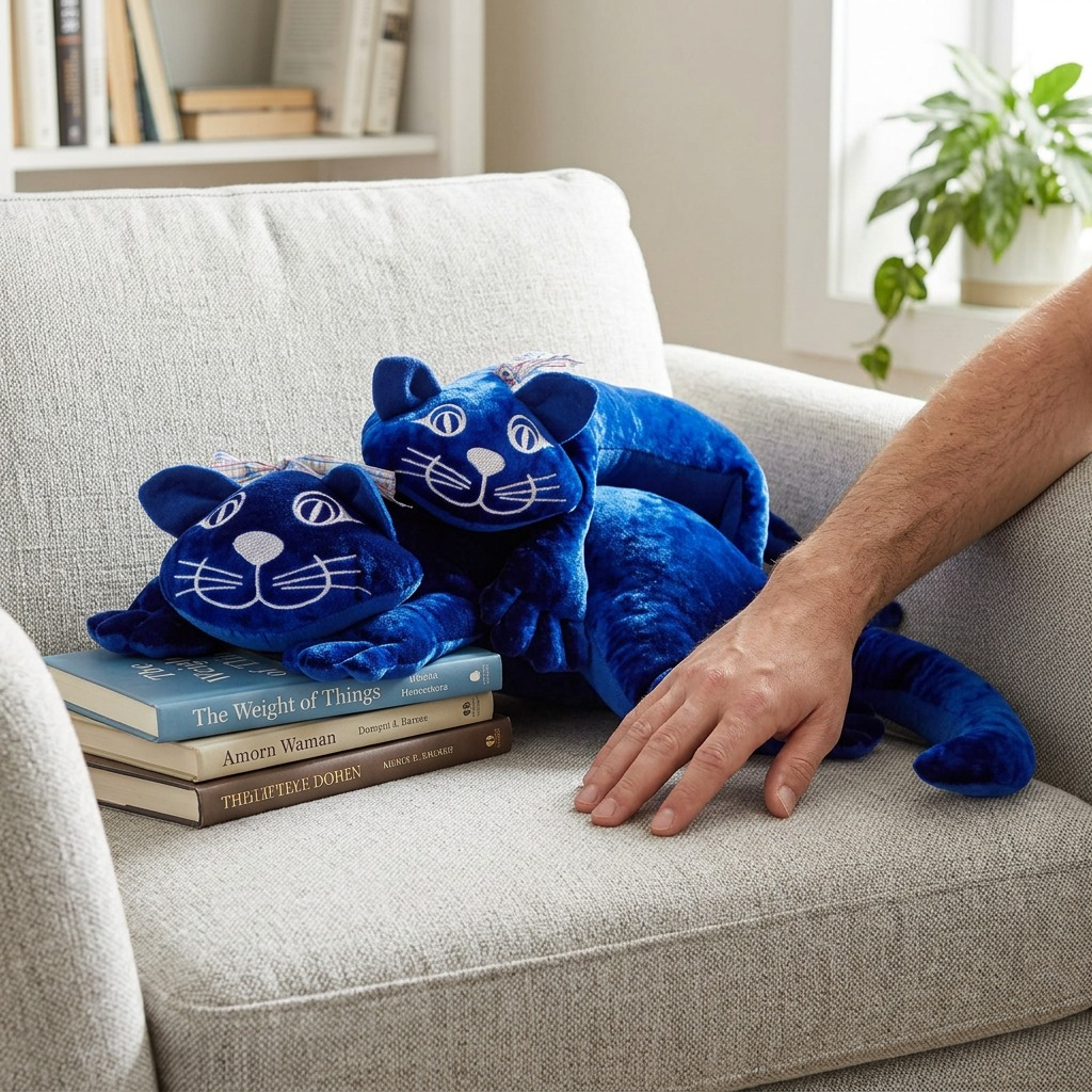 Scale reference photo for fdmt manimo Weighted Cat - 2 kg (MPN 3012-2-BT); the dark blue plush toy sits on an armchair beside an adult's hand and forearms to visually establish size.