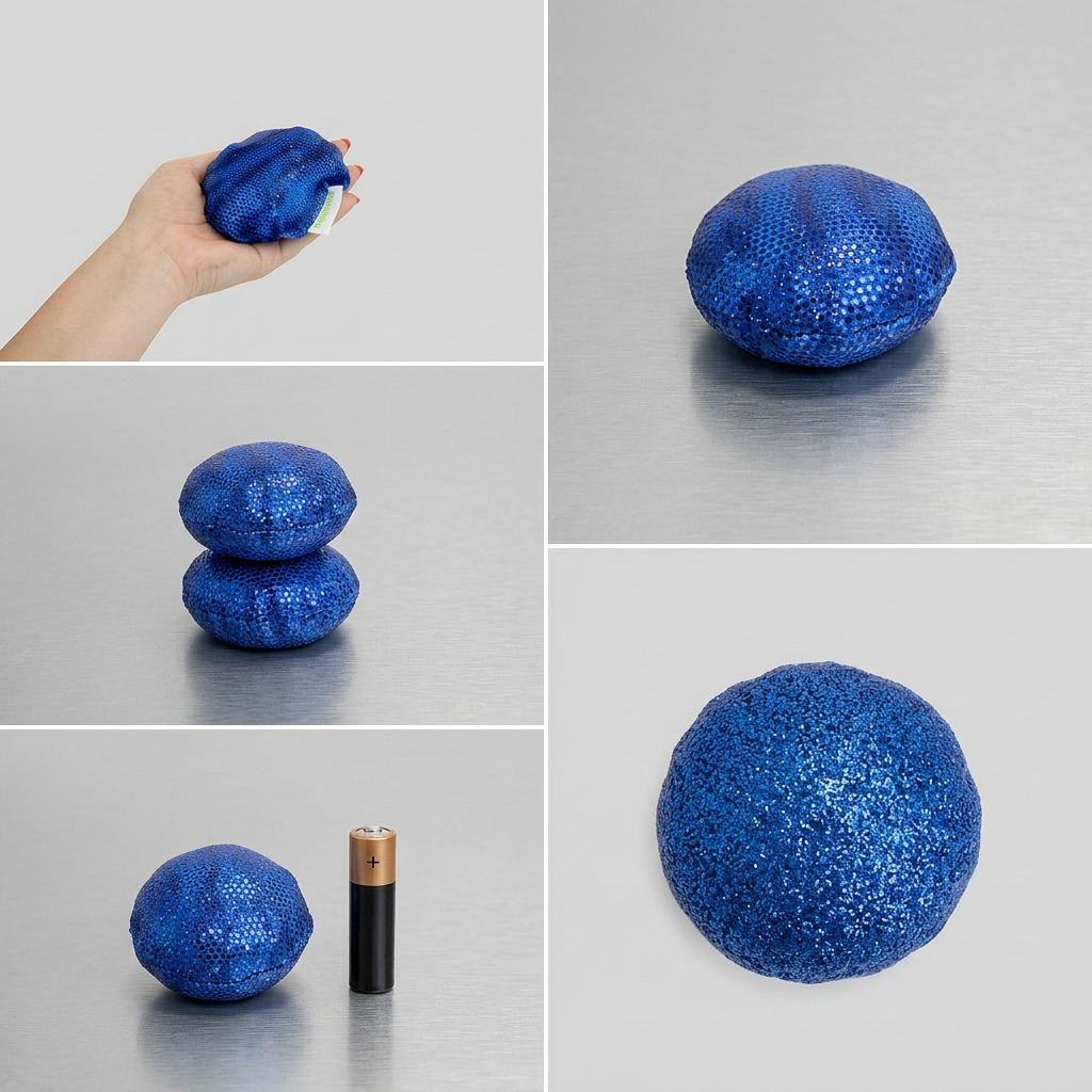 A matrix displaying five views of the Manimo Full Moon Ball in different contexts and orientations.