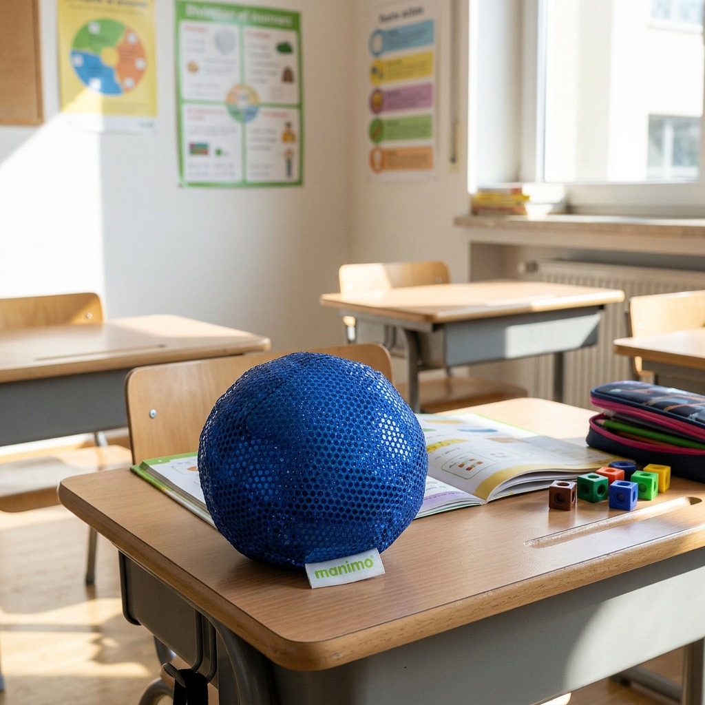 A lifestyle photo of a blue speckled manimo Full Moon Ball placed on a child's desk.