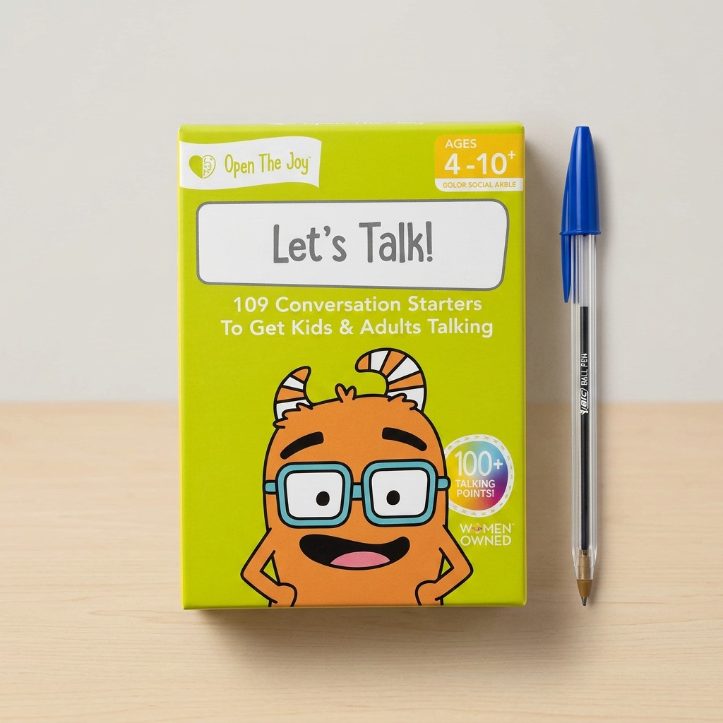 Let's Talk conversation cards box next to a ballpoint pen.
