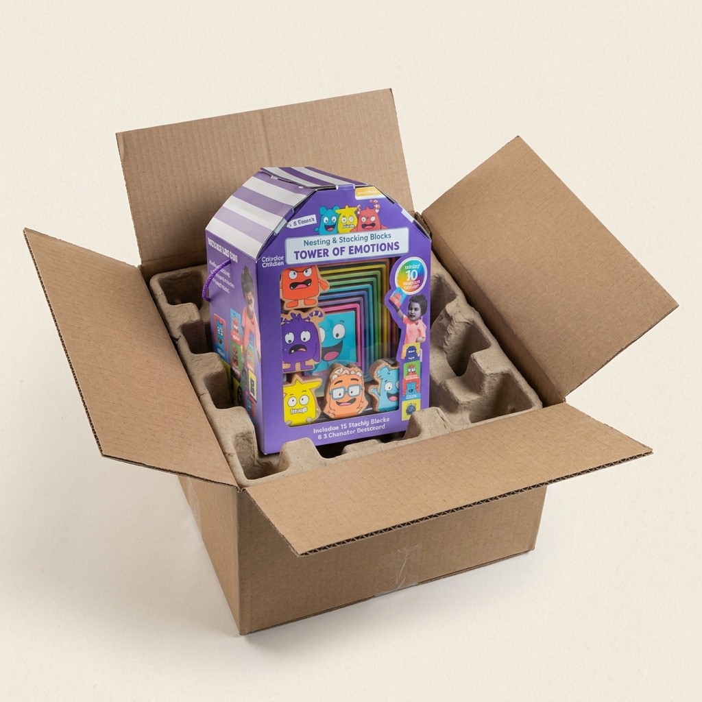 A clean product photo showing the Tower of Emotions box safely nestled within protective cardboard dunnage.