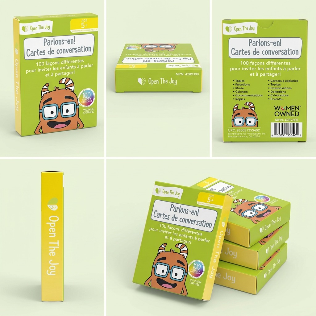 An e-commerce image showing four views of the fdmt French conversation card box: front, angle, top, and back, plus a partial stack.