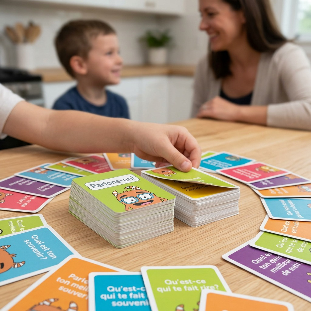 A photorealistic lifestyle image of the fdmt Parlons-en! Cartes de conversation jeu de cartes, positioned on a wooden table, in a home setting. A child's hand is drawing a card from the deck.