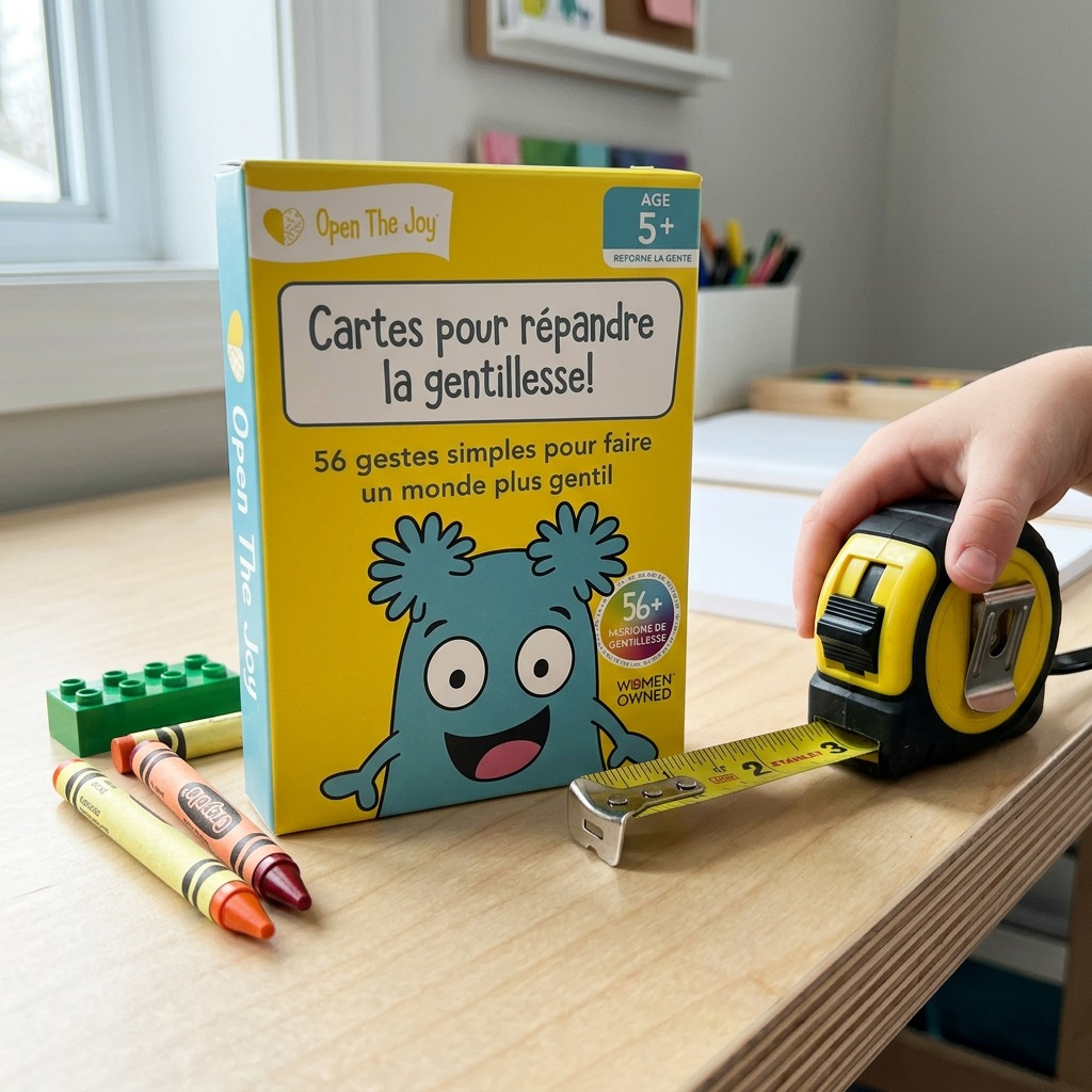 Open The Joy gentillesse cards on a children's workshop desk next to a tape measure, showing actual size.