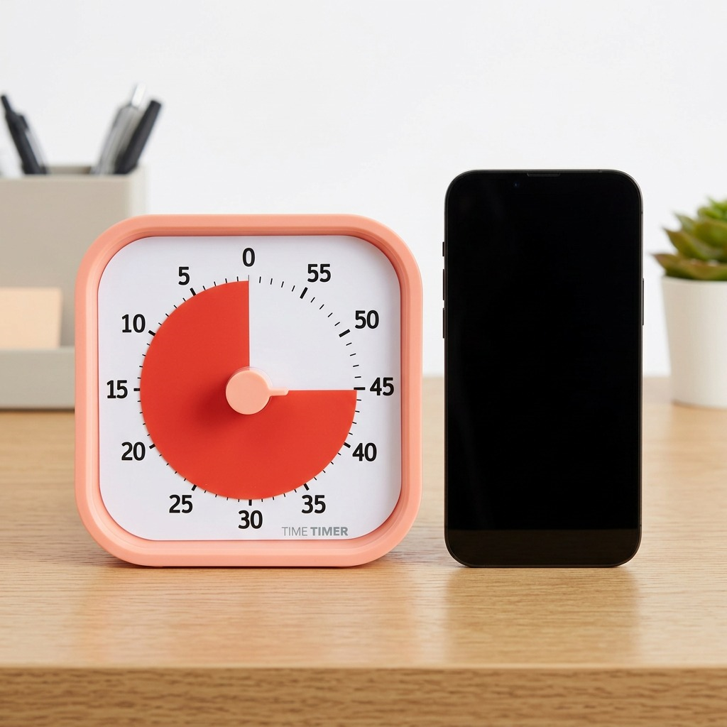 A photograph showing the Dreamsicle Orange Time Timer MOD Home Edition next to a standard smartphone.