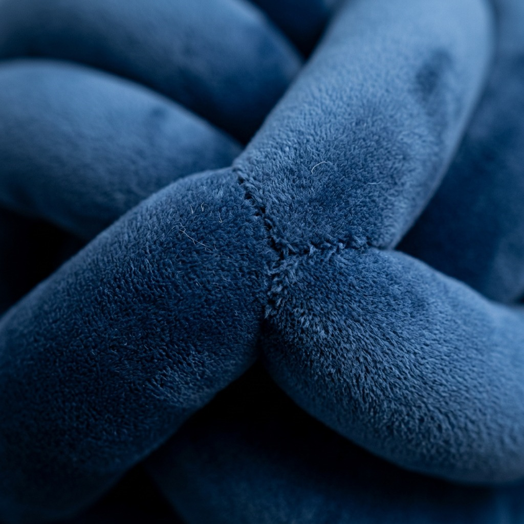 Macro detail of the fdmt Cuddle Ball - Steel Blue, focusing on the plush velvet texture and soft construction.