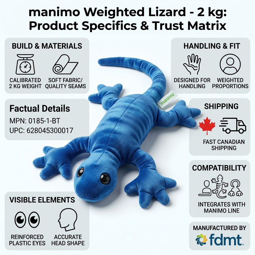 Trust infographic for blue weighted lizard, detailing specifications, quality builds, and fast Canadian shipping.