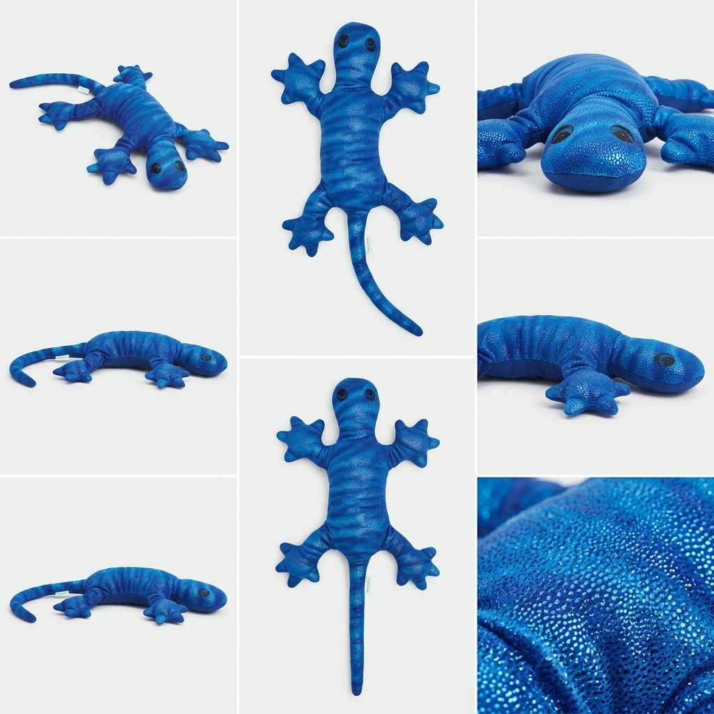 E-commerce display matrix showcasing the weighted blue lizard toy from multiple angles and positions.