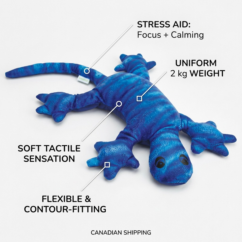 A product diagram of the manimo 2kg Weighted Blue Lizard with key features labeled for therapeutic use.