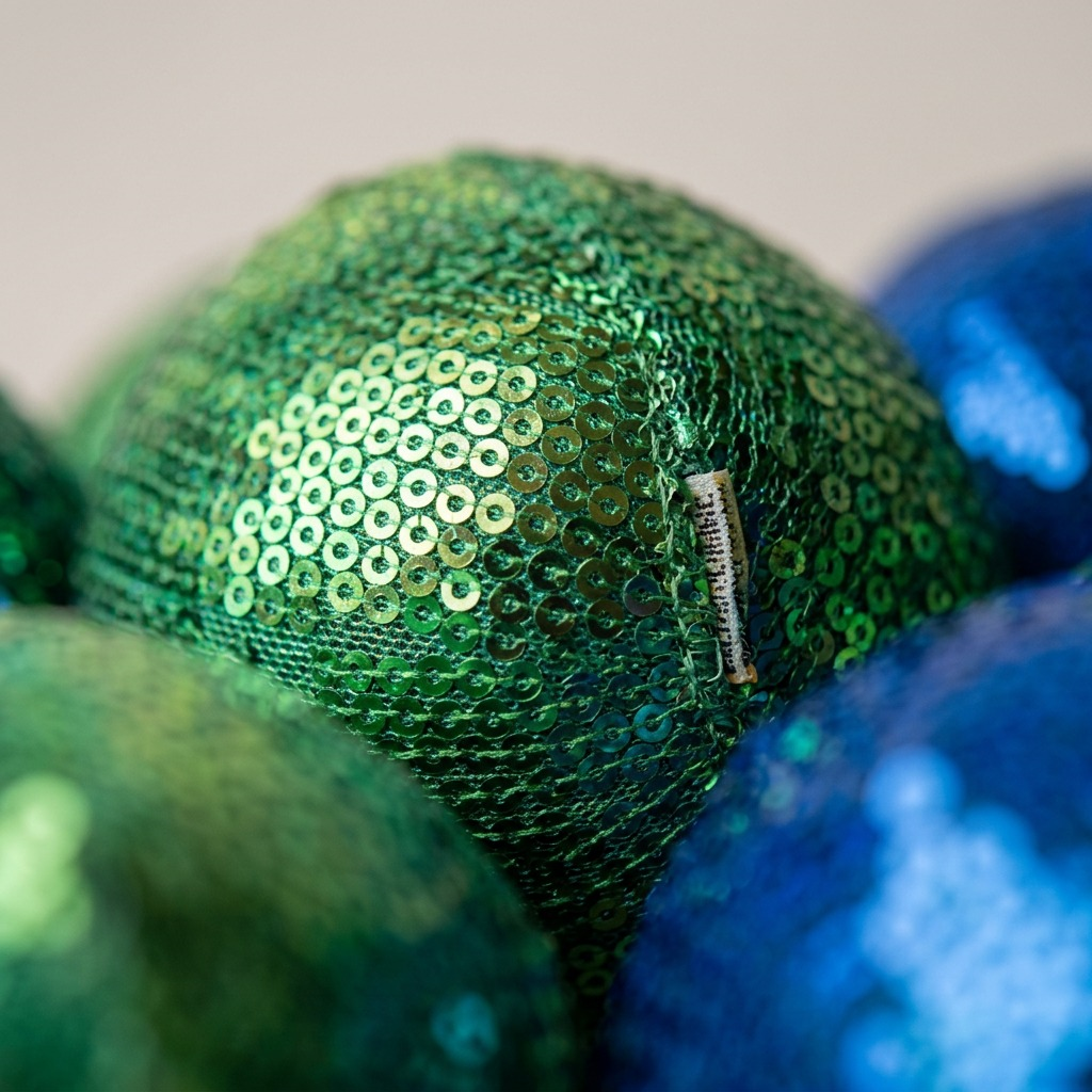 Extreme macro photo showing the tactile, sequined sensory fabric (sequins, a seam, and small tag) of an fdmt Stress Ball (MPN: 4050100).