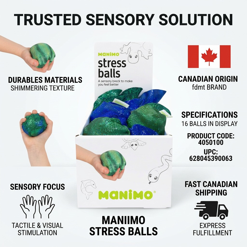 Infographic for fdmt Manimo Stress Balls, trusted for sensory solutions. Canadian product information and features.